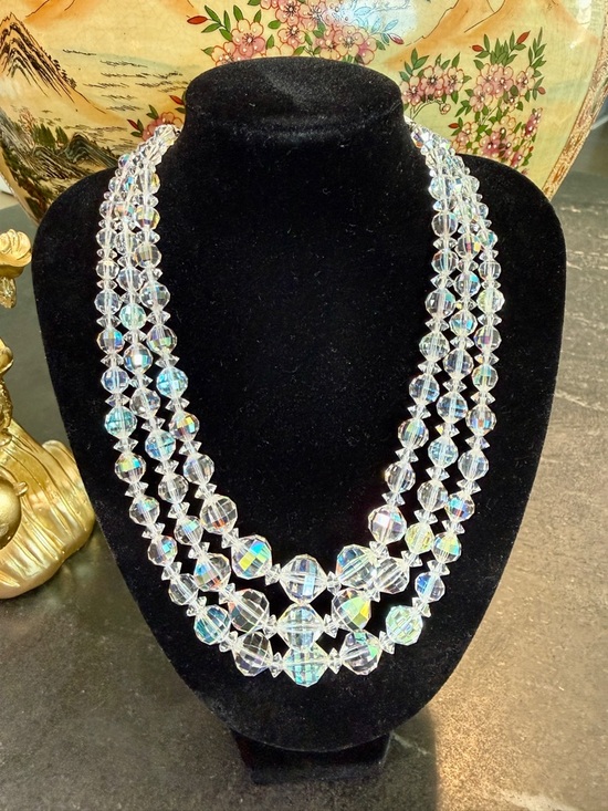 Laguna Jewelry - Vintage (50’s) Laguna 3 Strand Crystal AB Beaded Necklace/Rhinestone Hook Clasp